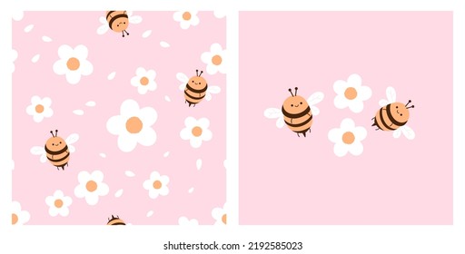 Seamless pattern with daisy flower and bee cartoons on pink background vector illustration. 