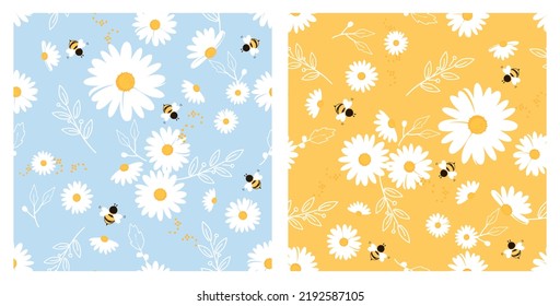 Seamless pattern with daisy flower and bee cartoons on blue and yellow backgrounds vector illustration. Cute floral print.