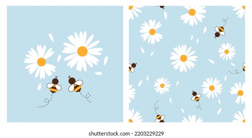 Seamless pattern with daisy flower and bee cartoons on blue background vector illustration. 