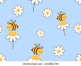 Seamless pattern with daisy flower and bee cartoons on blue background vector illustration. Cute childish print.