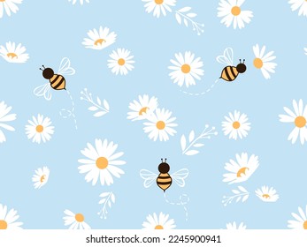 Patrón sin brillo con dibujos de flores de margarita y abejas sobre la ilustración vectorial de fondo azul. Impresión floral.