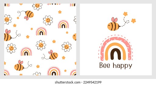 Seamless pattern with daisy flower, bee cartoons and rainbow on white background. Cute childish print with rainbow and hand written font  vector illustration.   