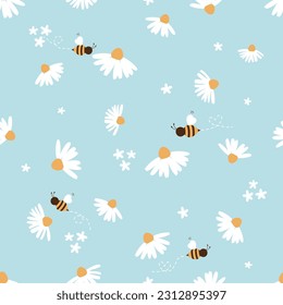 Seamless pattern with daisy flower and bee cartoons on blue mint background vector illustration. Cute floral print.