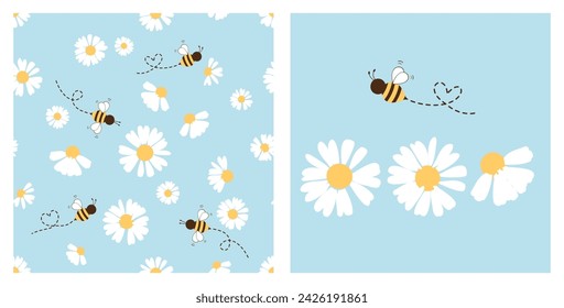 Seamless pattern with daisy flower and bee cartoons on blue background. Bee cartoon with heart dot line and daisy flower icon set vector.