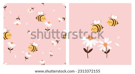 Seamless pattern with daisy flower and bee cartoon on pink background. Bee cartoons and daisy icon sign vector illustration.