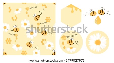 Seamless pattern with daisy flower and bee cartoons on yellow background. Bee cartoons, honey drop, honey stick and daisy flower icons sign vector. 