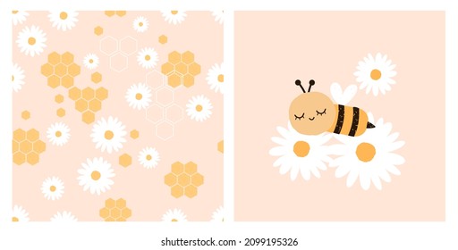 Seamless pattern with daisy flower and beehive honeycomb on orange background. Sleeping bee cartoon vector illustration.