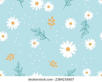 Seamless pattern with daisy flower and branch on green mint background vector illustration.