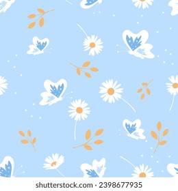 Nahtloses Muster mit blühender Blume, Ast und Schmetterling auf blauem Hintergrund, Vektorgrafik. 