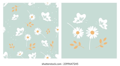 Seamless pattern with daisy flower, branch and butterfly on green background vector.