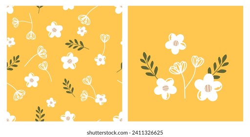 Seamless pattern with daisy flower and branch on yellow background vector illustration. 