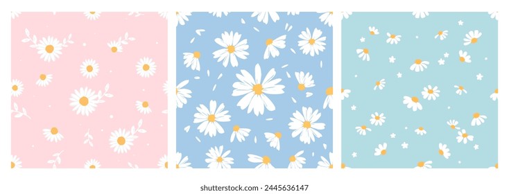 Patrón sin fisuras con flor de margarita, rama y pétalos voladores en fondos de menta rosa, azul y verde Vector. Lindo estampado floral.