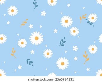 Seamless pattern with daisy flower and branch on blue background vector.