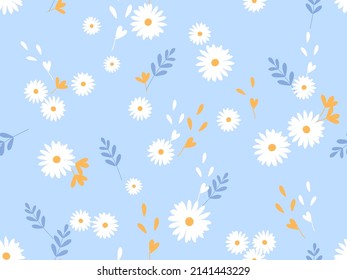 Patrón sin foco con flor de margarita, ramas, hojas sobre ilustración vectorial de fondo azul. Impresión floral de primavera.