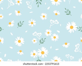 Seamless pattern with daisy flower, branches and heart shaped leaves on blue background vector illustration.