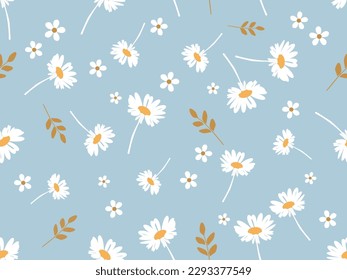 Seamless pattern with daisy flower and branches on blue background vector illustration. Cute floral print.