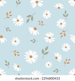 Seamless pattern with daisy flower and branches on blue background vector illustration.