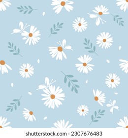 Seamless pattern with daisy flower, branches and butterfly cartoons on blue background vector illustration. Cute floral print.