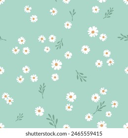 Seamless pattern with daisy flower and branches on green background vector.