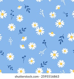 Seamless pattern with daisy flower and branches on blue background vector.