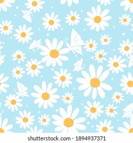 Seamless pattern with daisy flower and butterflies on blue background vector illustration.