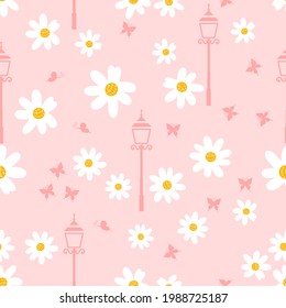 Seamless pattern with daisy flower, butterflies and lamp post cartoon on pink background vector illustration.