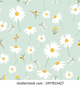 Seamless pattern with daisy flower, butterflies and little yellow flower on green background vector illustration. Cute floral print.