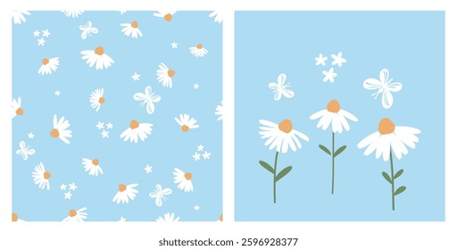 Seamless pattern with daisy flower and butterflies on blue background. Set of daisy flower and butterfly icon sign vector.