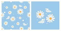 Motif Harmonieux De Fleurs De Marguerite Et De Caricatures De Papillon Sur Fond Bleu, Illustration Vectorielle. 
