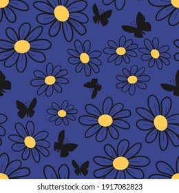 Seamless pattern with daisy flower and butterfly on blue background vector illustration.