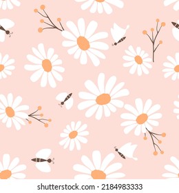 Seamless Pattern With Daisy Flower Butterfly Cartoons And Orange Berries On Pink Background Vector Illustration. Cute Floral Print.