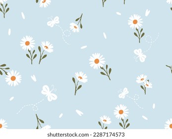 Seamless pattern with daisy flower and butterfly cartoons on blue background vector illustration. Cute floral print.