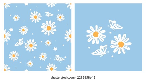 Seamless pattern with daisy flower and butterfly cartoons on blue background vector illustration. 