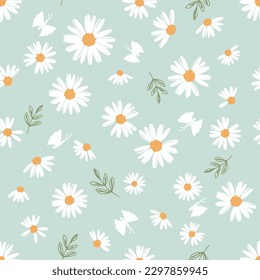 Seamless pattern with daisy flower, butterfly cartoons and branches on green background vector illustration.