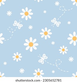 Seamless pattern with daisy flower and butterfly cartoons on blue background vector illustration.