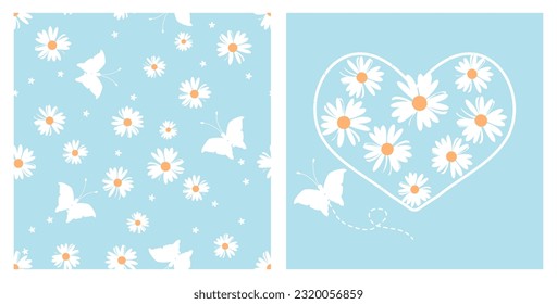 Seamless pattern with daisy flower and butterfly cartoons  on blue background vector illustration. daisy icon, heart line and butterfly cartoon vector illustration.