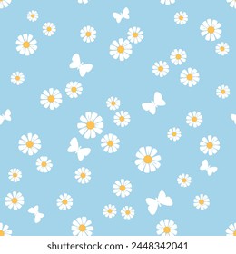Seamless pattern with daisy flower and butterfly on blue background vector. Cute floral print.