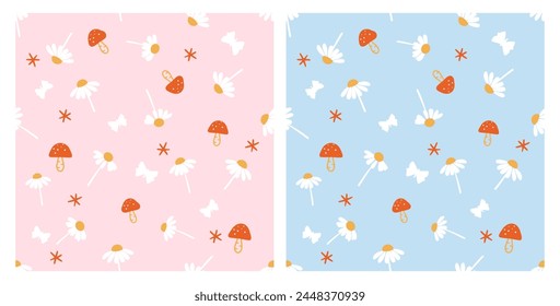 Seamless pattern with daisy flower, butterfly and mushroom on pink and blue backgrounds vector. Cute childish print.