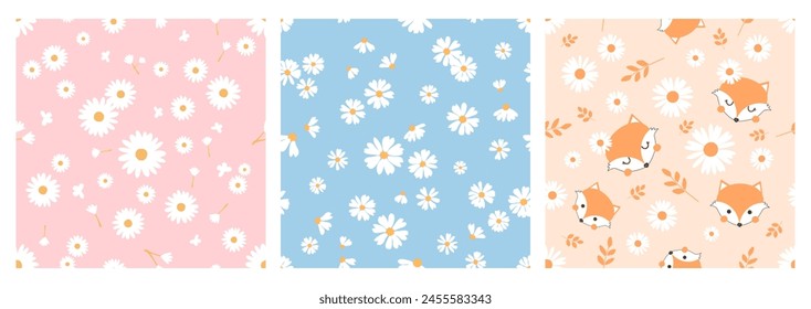 Seamless pattern with daisy flower, butterfly, branch and fox cartoons on pink, blue and orange backgrounds vector. 