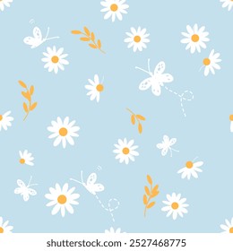 Seamless pattern with daisy flower, butterfly cartoons and yellow branch on blue background vector.