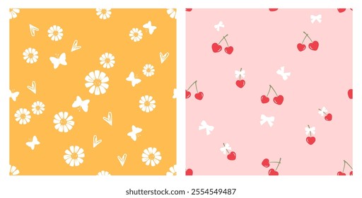 Seamless pattern with daisy flower and butterfly cartoons on yellow background. Seamless pattern with heart shape cherry fruit and ribbon bows on pink background vector.