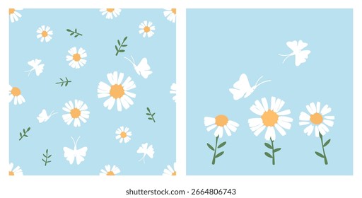 Patrón sin fisuras con flores de margarita y dibujos animados de mariposa sobre fondo azul del cielo. Conjunto de iconos de margarita y Vector de mariposas.