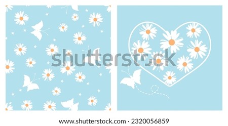 Seamless pattern with daisy flower and butterfly cartoons  on blue background vector illustration. daisy icon, heart line and butterfly cartoon vector illustration.