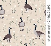 Seamless pattern with daisy flower and Canada geese birds. Small white flowers and green leaves on beige background. Cute floral print. Vector illustration.