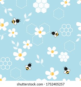 Seamless pattern of daisy flower and cartoon bees on blue background vector illustration. Cute print fashion.