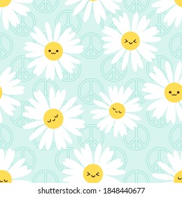 Seamless pattern of daisy flower cartoon and peace sign on green background vector illustration.