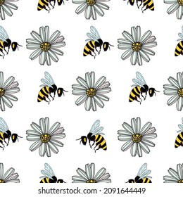 Seamless pattern of daisy flower, cartoon flying bees on white background vector illustration. Cute hand drawn floral pattern.