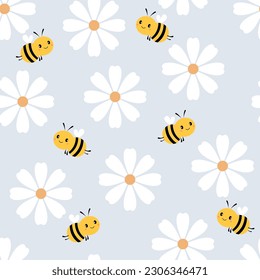 Seamless pattern with a daisy flower and a cartoon bee on a blue background vector illustration.