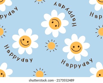 Seamless pattern with daisy flower cartoons and sun on blue sky background vector illustration.