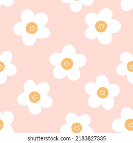 Seamless pattern with daisy flower cartoons on pink background vector illustration. Cute childish print.